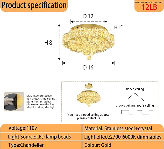16in Gold Crystal Chandeliers for Living Room Dining Room Crystal Ceiling Light Fixtures Modern LED Flush Mount Light Dimmable 2700k-6000k