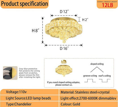 16in Gold Crystal Chandeliers for Living Room Dining Room Crystal Ceiling Light Fixtures Modern LED Flush Mount Light Dimmable 2700k-6000k