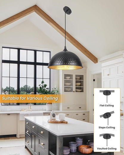 Black Pendant Lights Kitchen Island 12 Inch, Vintage Hammered Pendant Light Fixtures Adjustable Height Dome Pendant Light for Dining Room Bedroom Bar