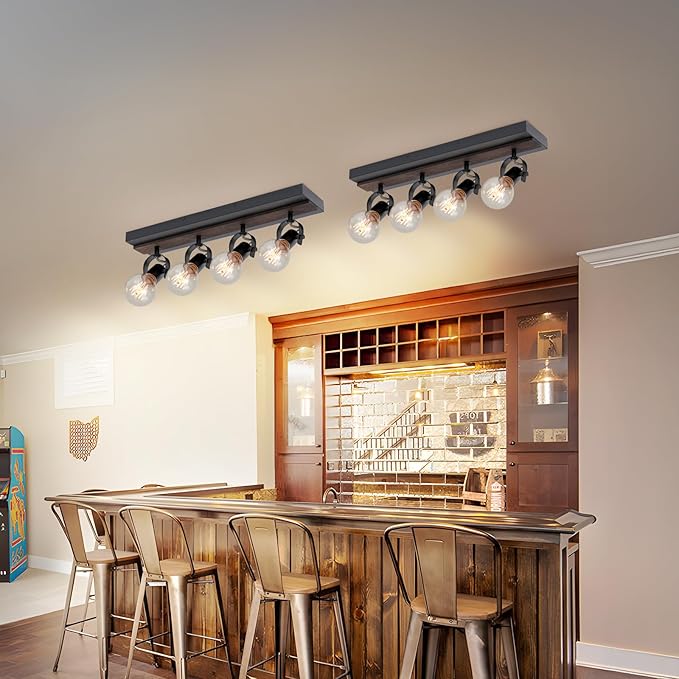 Farmhouse Wood Flush Mount Ceiling Light,Black Kitchen Track Lighting Fixtures Ceiling with Rotatable Light Heads,4 Light Track Lighting for Kitchen, Living Room, Bedroom.