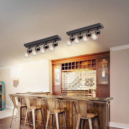 Farmhouse Wood Flush Mount Ceiling Light,Black Kitchen Track Lighting Fixtures Ceiling with Rotatable Light Heads,4 Light Track Lighting for Kitchen, Living Room, Bedroom.