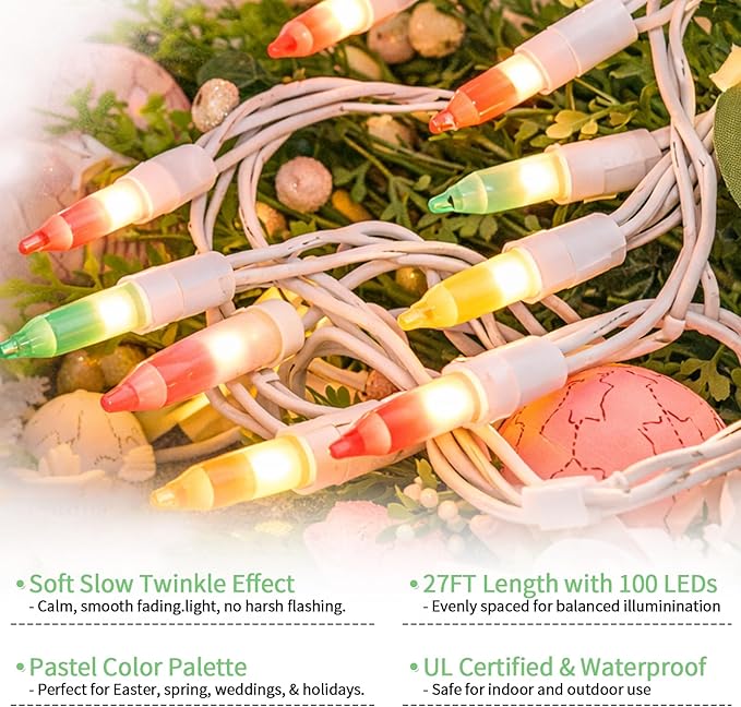 Boltigen Easter Slow Twinkle Lights with White Wire, 100 LED Christmas Pastel String Light, 27FT UL Certified Waterproof Connectable for Indoor Outdoor Christmas Holiday Wedding Garden Decor