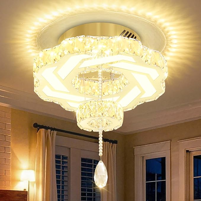 Flashing God 16 Inch Mini Chandelier Modern Crystal Chandeliers Light Semi Flush Mount Ceiling Light Fixture Small Gold Chandelier for Bedroom Hallway Kitchen Foyer