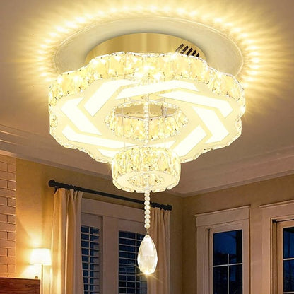 Flashing God 16 Inch Mini Chandelier Modern Crystal Chandeliers Light Semi Flush Mount Ceiling Light Fixture Small Gold Chandelier for Bedroom Hallway Kitchen Foyer