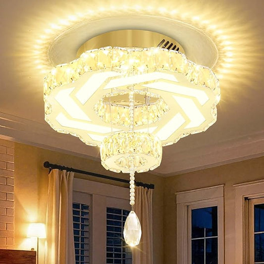 Flashing God 16 Inch Mini Chandelier Modern Crystal Chandeliers Light Semi Flush Mount Ceiling Light Fixture Small Gold Chandelier for Bedroom Hallway Kitchen Foyer