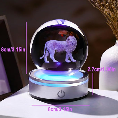 Crystal 3D Lion 3.15in Ball Figurine Gifts for Him Husband, Collectible Glass Animal Art Sphere for Room with LED Light Base, Keepsake for Lion Lovers Home Decor Paperweight