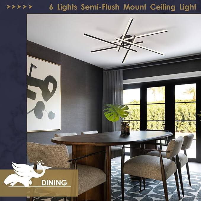 Modern LED Chandelier with Remote Control, 6-Lights Black Semi-Flush Mount Ceiling Lighting Fixture for Living Room, Bedroom, Dining Room 60W