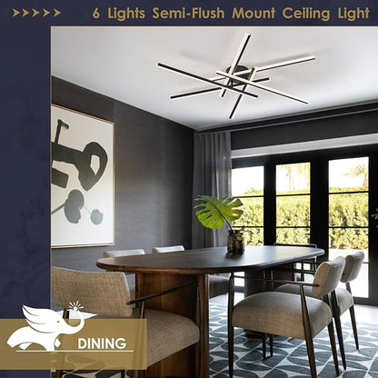 Modern LED Chandelier with Remote Control, 6-Lights Black Semi-Flush Mount Ceiling Lighting Fixture for Living Room, Bedroom, Dining Room 60W