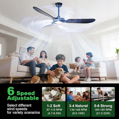 60 Inch Ceiling Fans with Lights and Remote, Wood Outdoor Ceiling Fan with 6 Speed Noiseless DC Motor, Indoor Modern 3 Blade Propeller Ceiling Fan for Bedroom Living Room Gazebo Patio (Black)