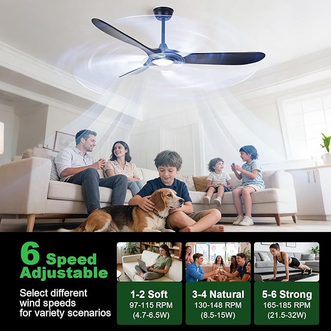 52 Inch Ceiling Fans with Lights and Remote, Wood Outdoor Ceiling Fan with 6 Speed Noiseless DC Motor, Indoor Modern 3 Blade Propeller Ceiling Fan for Bedroom Living Room Gazebo Patio (Black)