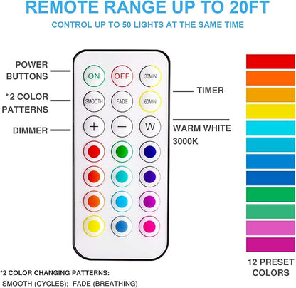 BLS LED Puck Lights with Remote Control, Wireless Under Cabinet & Closet Lighting, RGB 13 Color Changing Lights with Dimmer, Timer & AA Battery Operated, Push, Touch, Stick on for Night, Black, 2 Pack
