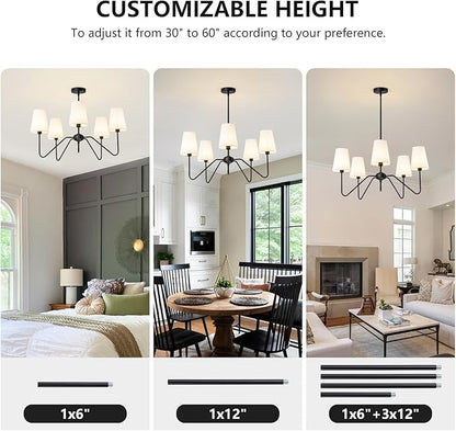 Modern Chandelier for Dining Room, 5-Light Farmhouse Pendat Light Fixture with White Fabric Shade,Black Hanging Light Fixture Over Table Ceiling Chandelier for Bedroom,Living Room,Hallway