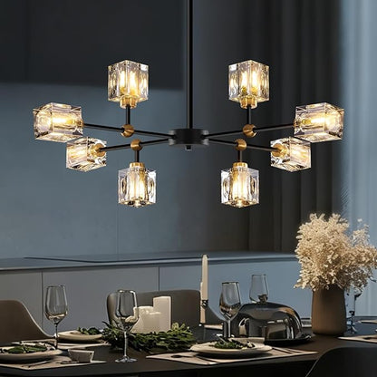 8-Light Black Crystal Chandelier Modern Sputnik Chandeliers for Dining Room Adjustable Height Sputnik Ceiling Light Fixture for Living Room Bedroom Kitchen Island