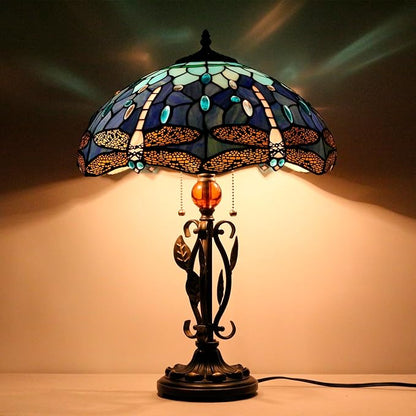 Tiffany Table Lamp Blue Dragonfly Stained Glass Desk Reading Light 16X16X24 Inch Metal Leaf Base for Bedroom Living Room Home Office