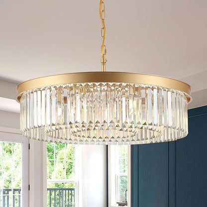 A AXILIXI Gold Crystal Chandeliers 30" Modern Round Chandelier 12-Lights 3-Tier Crystal Ceiling Chandelier Light Fixture Brass Luxury Crystals Chandeliers for Dining Room High Ceilings Entryway Foyer