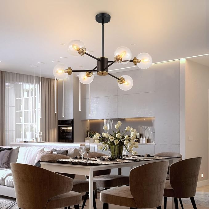WINGBO 6-Light Sputnik Chandelier, Modern Pendant Light Fixture with 4.7" Clear Glass Globe Shade for Flat and Slop Ceiling, Height Adjustable for Kitchen Living Room Dining Room Bedroom, Black