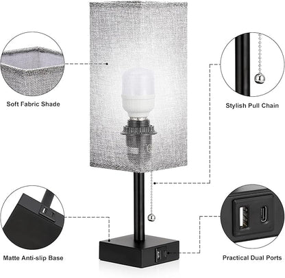 aooshine Bedside Table Lamps Set of 2 - Gray Bedroom Lamps with 3 Color Temperatures (3000K/5000K/4000K), Square Nightstand Light with USB C + A Charging Ports, Pull Chain Small Night Light