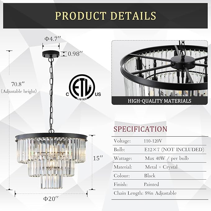 CATINER Black Crystal Chandeliers, 20” Modern Chandeliers for Dining Room 3 Tiers 7 Lights Luxury K9 Crystal Ceiling Pendant Round Light Fixture for Foyer Kitchen Bedroom Closet