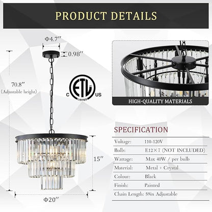 CATINER Black Crystal Chandeliers, 20” Modern Chandeliers for Dining Room 3 Tiers 7 Lights Luxury K9 Crystal Ceiling Pendant Round Light Fixture for Foyer Kitchen Bedroom Closet