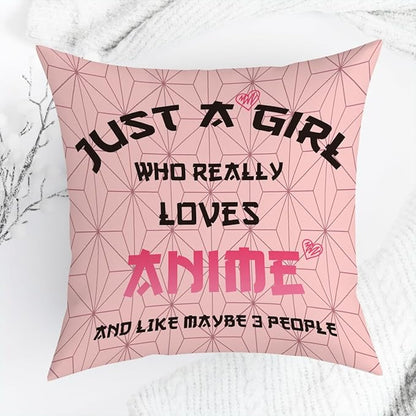 Anime Decor, Just a Girl Who Loves Anime Anime Room Decorative Throw Pillow Covers, Girls Anime Gifts Anime Lovers for Home Living Room Girl Women Bedroom Decoration Gifts Pink