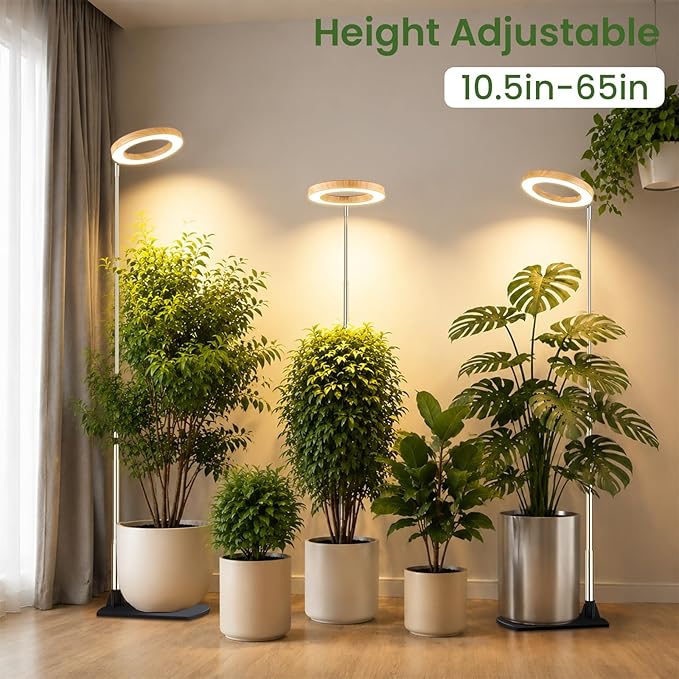 LBW Grow Lights for Indoor Plants, 6.3" Full Spectrum Plant Light with Base, 65" Height Adjustable Grow Lamp, 6/8/12/16H Timer, 3 Color, 5 Dimmable Level, for Tall Large Plants, Bamboo Grain, 3 Pack