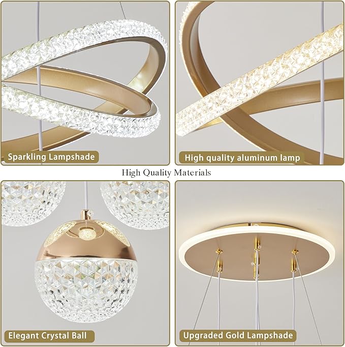 Gold LED Chandeliers, 3-Color Dimmable Pendant Light Dining Room Light Fixtures for Kitchen Island Adjustable Modern Chandeliers for Dining Room Living Room Bedroom