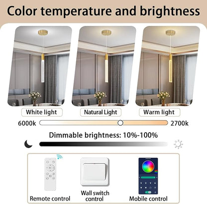 Modern Gold Crystal Column Pendant Light, Dimmable LED Chandelier, Adjustable Hanging Pendant Lighting for Kitchen Island