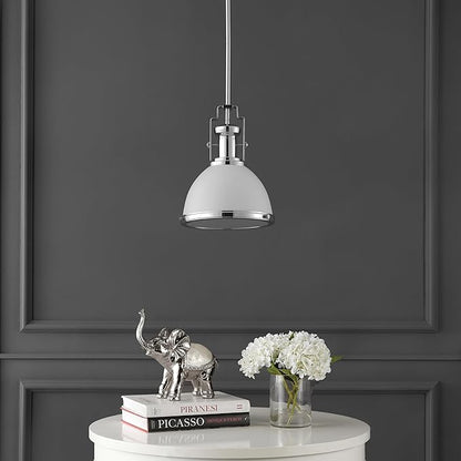 JONATHAN Y 10" Chrome/White Modern Industrial Iron LED Dome Pendant Light, Adjustable Hanging Fixture for Kitchen Island or Entryway, White Metal Shade, LED Bulb Included (JYL9535C)