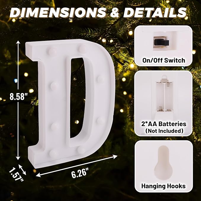 LED Light Up Marquee Letters, Battery Powered Decorative LED Letter Lights, Alphabet Light Up Letters for Wedding Birthday Party,Holiday Lamp or Home Bar Decoration (Letter D)