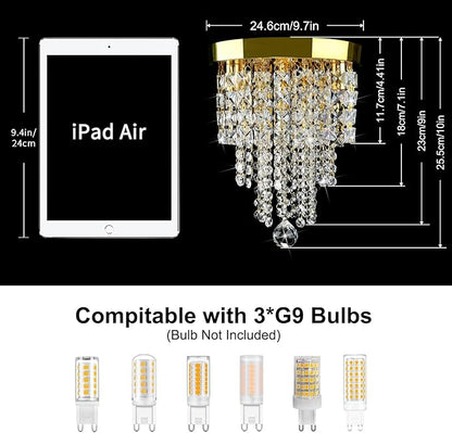 TISLYCO Mini Gold Crystal Chandelier, 3 Light Modern Flush Mount Ceiling Light Fixture, Raindrop Ceiling lamp Beaded Crystal Pendant Lighting for Hallway, Bedroom, Living Room, Dining Room