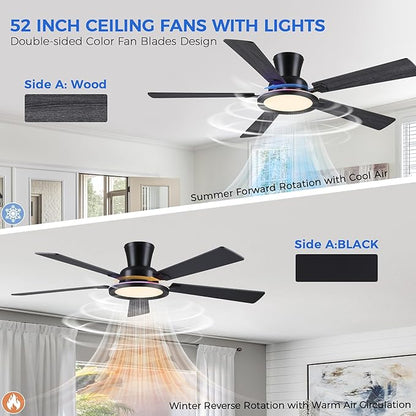 Ayaoty Ceiling Fans with Lights - 52in Flush Mount Ceiling Fan with RGB Dimmable, 3CCT 6 Wind Speeds and Reversible Quiet Motor, Low Profile RGB Fan Light for Modern Indoor, Party - Black RGB