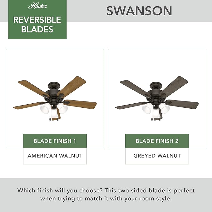 Hunter 44 inch Indoor Ceiling Fan with LED Lights - Bronze Ceiling Fan with Pull Chain, For Bedroom, Living Room, or Kitchen, Standard Mount, No Remote, 5 Blades - Swanson 50881, New Bronze