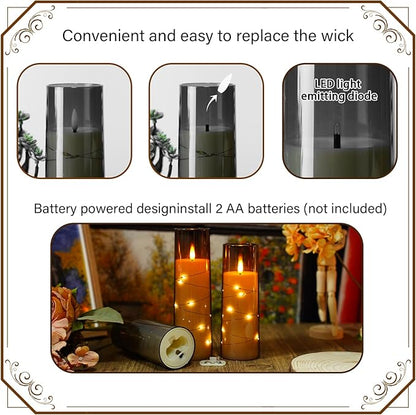 Nimiko Flickering Flameless LED Candles, 9 Pcs with Embedded Star String, Acrylic LED Pillar Candles with Remote, Suitable for Home Decoration (Grey)