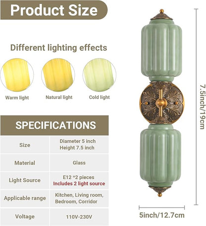 LOUSACE 2-Light Vintage Milk Glass Bathroom Vanity Light with Brass Finish Base & Green Glass Shade - Indoor Wall Sconce Lighting for Mirror, Bathroom, Living Room, Gallery (Bulbs Included)
