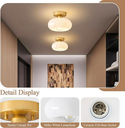 Mid-Century Modern Gold Semi Flush Mount Ceiling Light,White Glass Dome Hallway Lighting Fixtures, Metal Close to Ceiling Lamp for Entryway Bathroom Kitchen Bedroom Porch Foyer Office(8.66 Inch)
