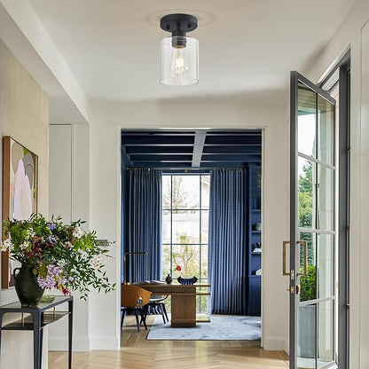 Black Semi Flush Mount Ceiling Light, 1-Light Ceiling Light Fixtures, Farmhouse Light Fixtures Ceiling Mount, Ceiling Lights with Glass Shade for Kitchen Hallway Foyer Entryway Bedroom(1 Pack)