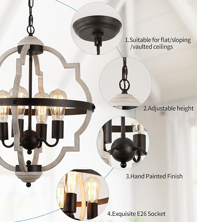 MEIXISUE Rustic Farmhouse Chandelier,ORB+Oak Finish,4-Light Vintage Antique Chandeliers Pendant Light Fixtures for Kitchen Dining Room Living Room Entryway Foyer UL Listed