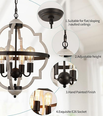 MEIXISUE Rustic Farmhouse Chandelier,ORB+Oak Finish,4-Light Vintage Antique Chandeliers Pendant Light Fixtures for Kitchen Dining Room Living Room Entryway Foyer UL Listed