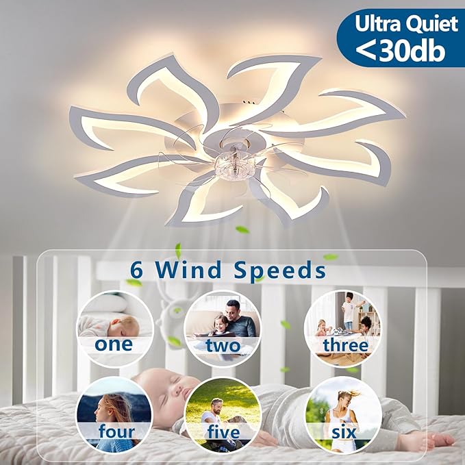 32" White Modern 8-Head Geometric Ceiling Fan with Lights Remote Control, Low Profile Ceiling Fan with Light for Kitchen Bedroom Living Room