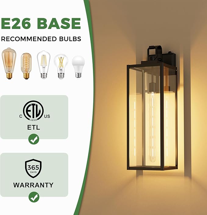 DORESshop 22 Inch Large Size Dusk to Dawn Outdoor Wall Lights, Matte Black Waterproof Anti-Rust Outdoor Light Fixtures Wall Mount with Clear Glass Shade for Porch, with T30 Light Bulbs, 2 Pack