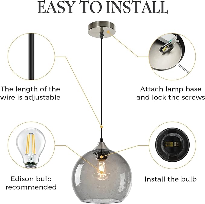 Large Light Grey Glass Pendant Light for Kitchen Island, Includes 3 Bulbs & 4.92FT Adjustable Cord, Modern Pendant Lighting Fixtures for Kitchen, Dining Room, Living Room(9.1in)