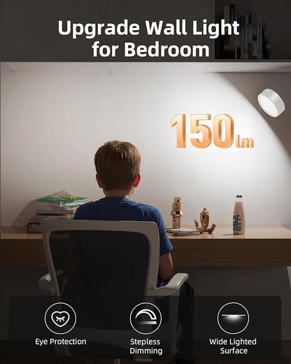 EZVALO LED Wall Mounted Light, 3000mAh Rechargeable Cordless Wall Sconce, Dimmable with Remote & Touch Control, 3 Color Temps, 360° Rotatable for Bedroom, Bedside, Reading(White, 2Pack)