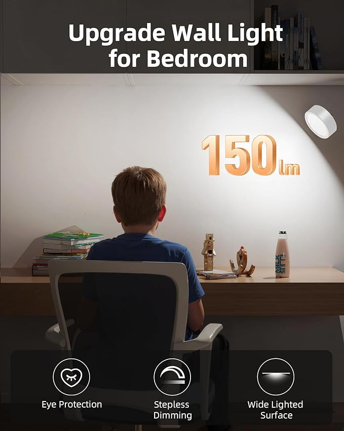 EZVALO LED Wall Mounted Light, 3000mAh Rechargeable Cordless Wall Sconce, Dimmable with Remote & Touch Control, 3 Color Temps, 360° Rotatable for Bedroom, Bedside, Reading(White, 3Pack)