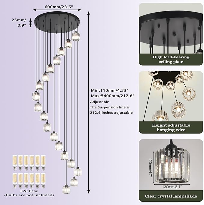 Long Raindrop Crystal Chandelier for High Ceilings Modern Crystal Long Pendant Light, Staircase Foyer Entryway Pendant Light,Raindrop Drop Lamp, Large 23.6" Black Ceiling Plate18 Lights