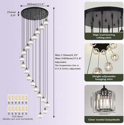 Long Raindrop Crystal Chandelier for High Ceilings Modern Crystal Long Pendant Light, Staircase Foyer Entryway Pendant Light,Raindrop Drop Lamp, Large 23.6" Black Ceiling Plate18 Lights