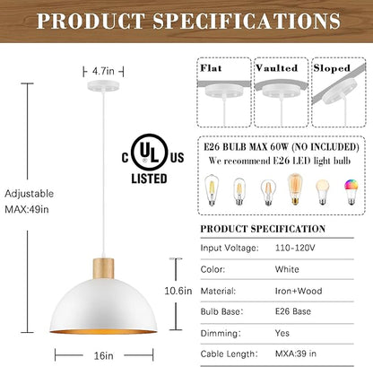2 Pack Large White Pendant Light, 16 Inch Wood Dome Pendant Lights Fixtures Adjustable Modern Ceiling Hanging Lighting, for Kitchen Island Dining Room Farmhouse Restaurant