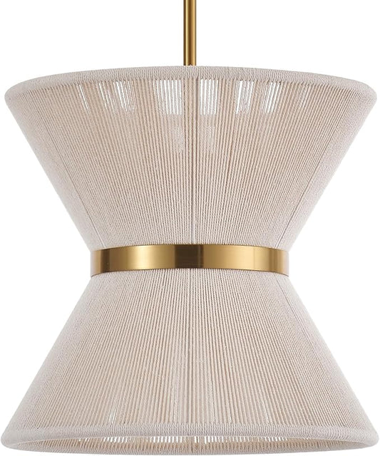 Hand Woven Boho Pendant Light Coastal Mini Modern Chandelier Adjustable Transitional Minimalist Pendant Lighting Fixtures for Kitchen Island Dining Room, White, Dia 12.2”, UL Listed
