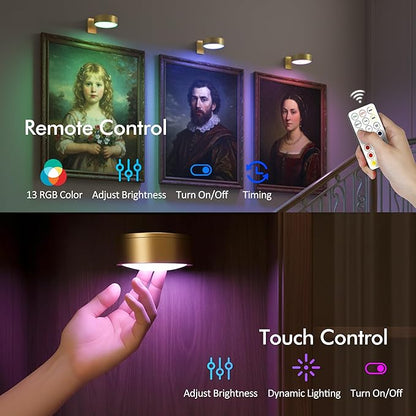 3-Pack Picture Lights for Wall, 13 RGB Color Changing Led Art Display Light with Rechargeable Battery Operated, Magnetic Painting Light with Remote Control, Wireless Home Wall Decorative Lighting