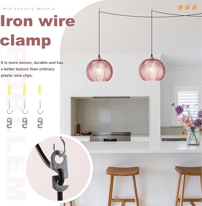 Hanging Lamp Pink Glass Pendant Light Plug in Chandelier with 14.76Ft Long Cord Boho Hanging Light Fixture Mid Century Modern Swag Lamp for Bedroom Girls Room Nursery Living Room