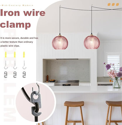 Hanging Lamp Pink Glass Pendant Light Plug in Chandelier with 14.76Ft Long Cord Boho Hanging Light Fixture Mid Century Modern Swag Lamp for Bedroom Girls Room Nursery Living Room